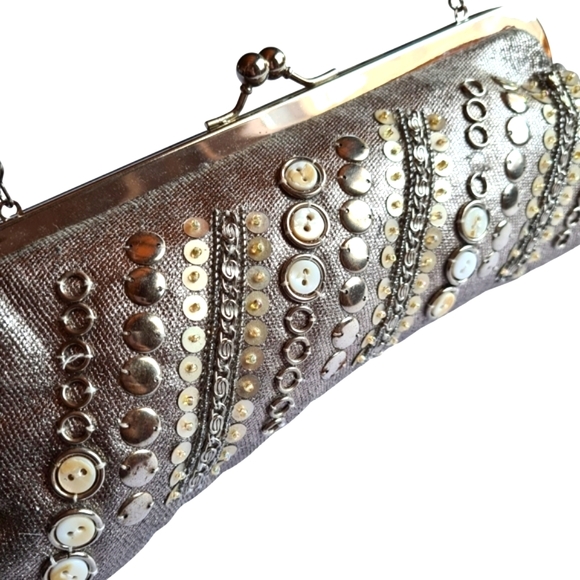 Jendi Handbags - Jendi Silver Shimmer Button Beaded Bag Clutch